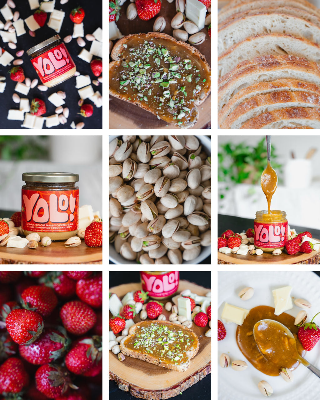 Mosaique de la tartinade fraise pistache chocolat blanc de yolonuts