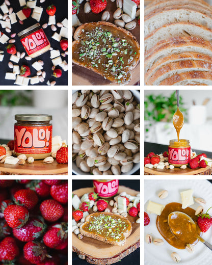 Mosaique de la tartinade fraise pistache chocolat blanc de yolonuts