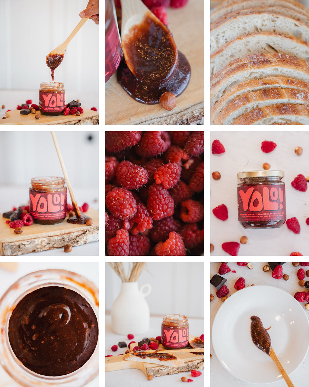 Mosaique de la tartinade framboise-noisette-chocolat yolonuts